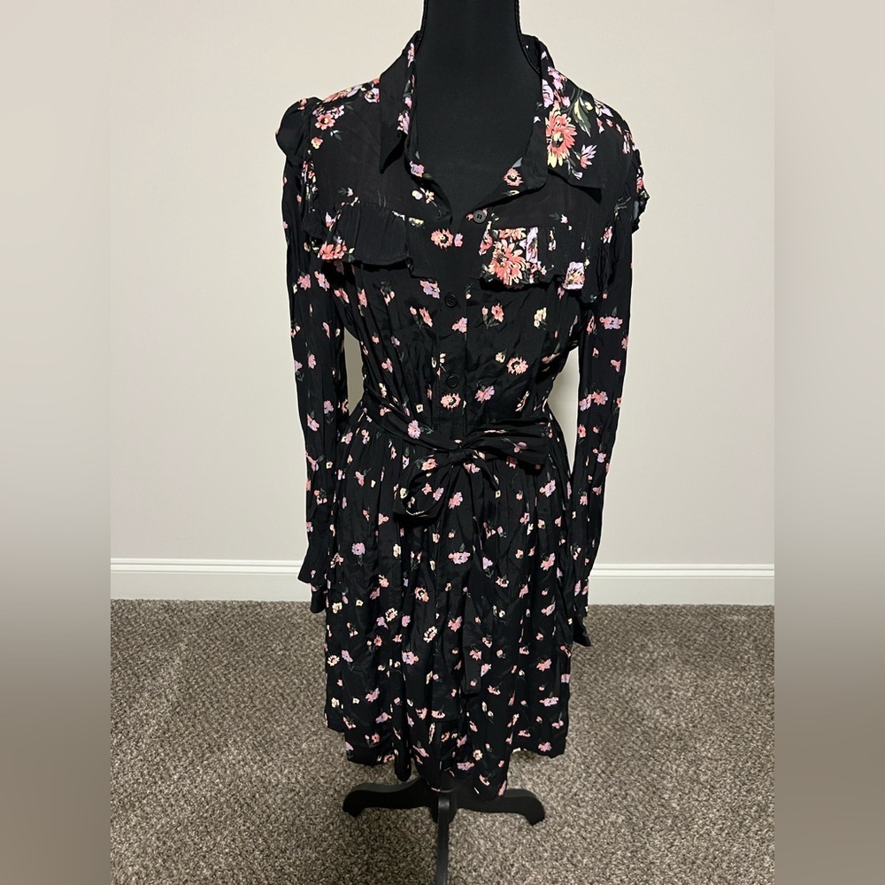 Jill Stuart Black Floral Long Sleeve Ruffled Button up Belted Mini Dress Large